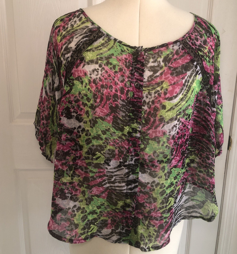 Vtg Y2K Womens LG Sheer blouse animal print Indie Sleaze Cyber pop maximalist